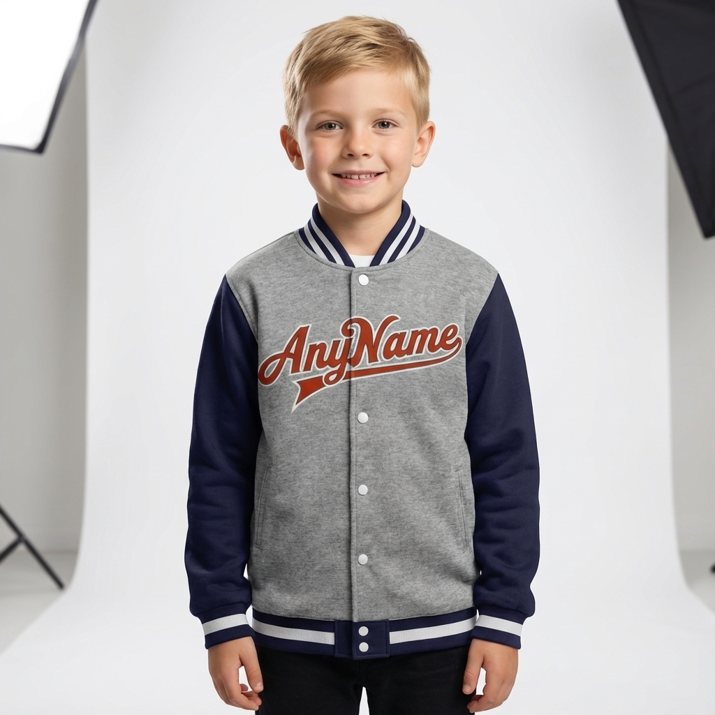 Custom Grey & Navy/Red Full-Snap Raglan Sleeve Fleece Jacket