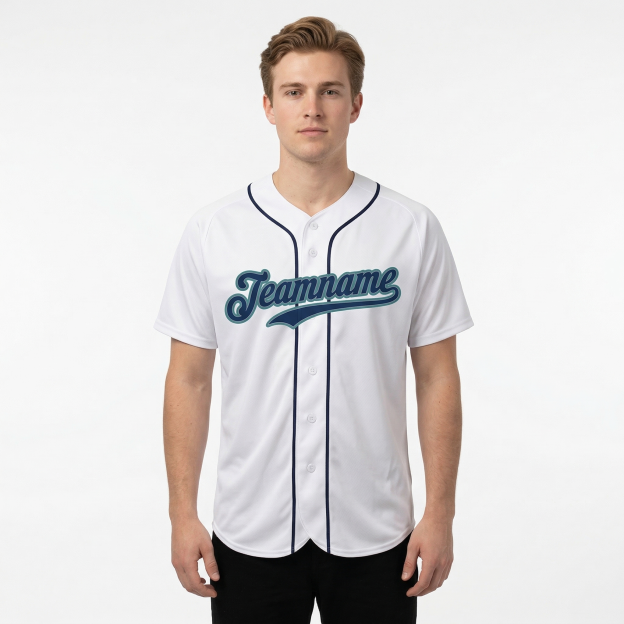 Custom White & Navy/Teal Classic Fashion Baseball Jersey