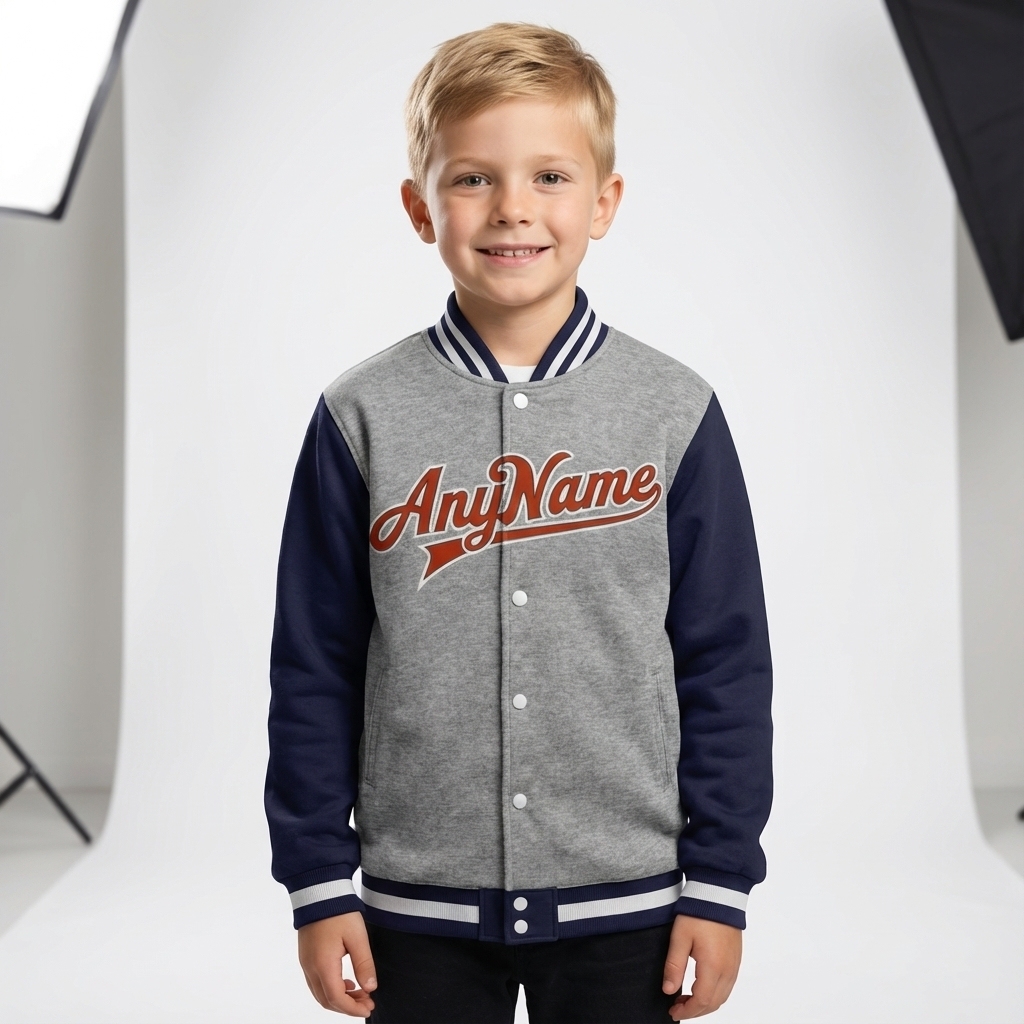 Custom Grey & Navy/Red Full-Snap Raglan Sleeve Fleece Jacket