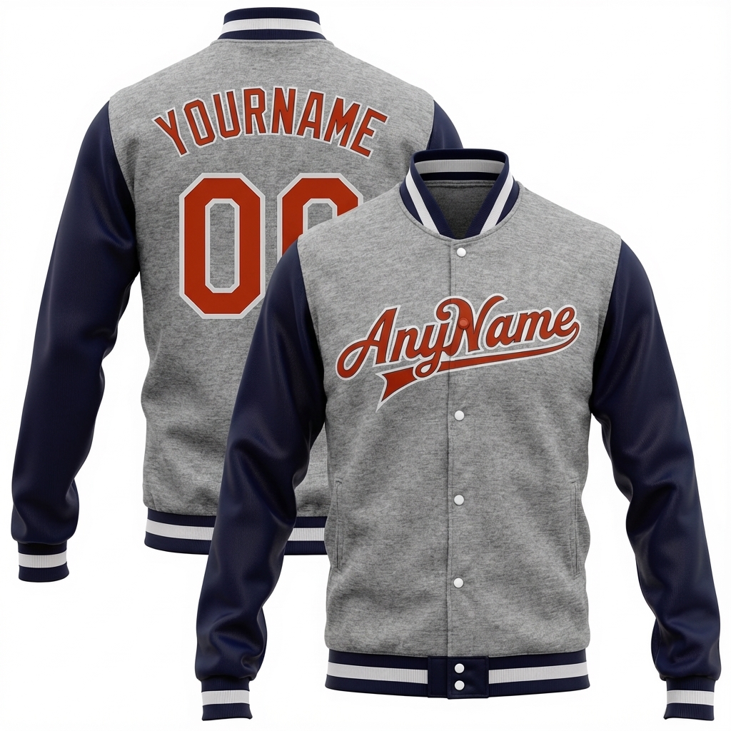 Custom Grey & Navy/Red Full-Snap Raglan Sleeve Fleece Jacket