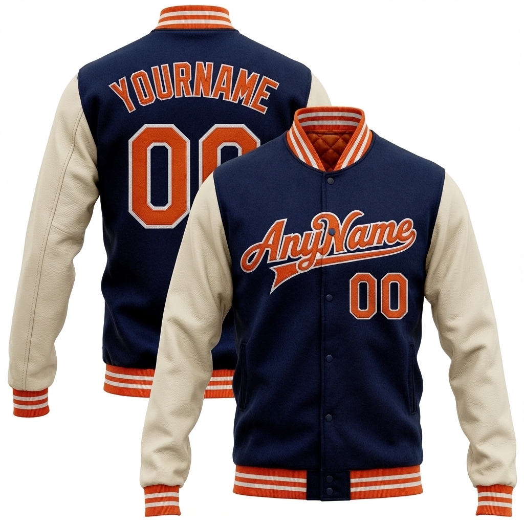 Custom Navy & White/Orange Full-Snap Raglan Sleeve Fleece Jacket