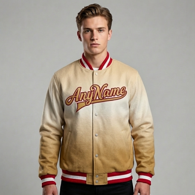 Custom Khaki & White/Red Full-Snap Gradient Fleece Jacket