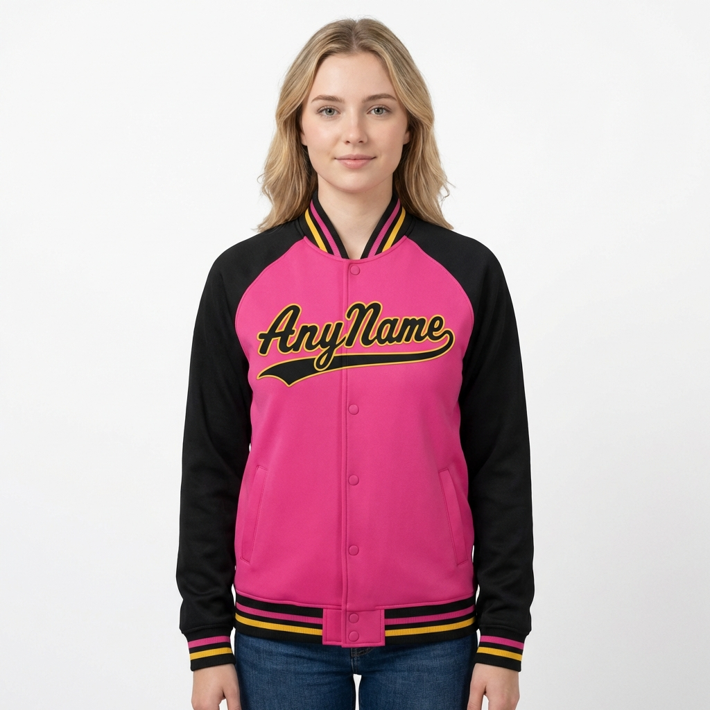 Custom Pink & Yellow/Black Raglan Sleeves Full-Snap Fleece Jacket