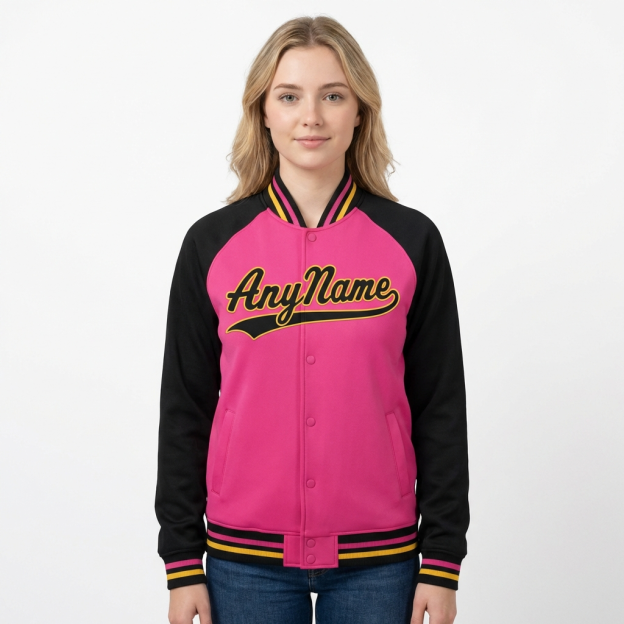 Custom Pink & Yellow/Black Raglan Sleeves Full-Snap Fleece Jacket