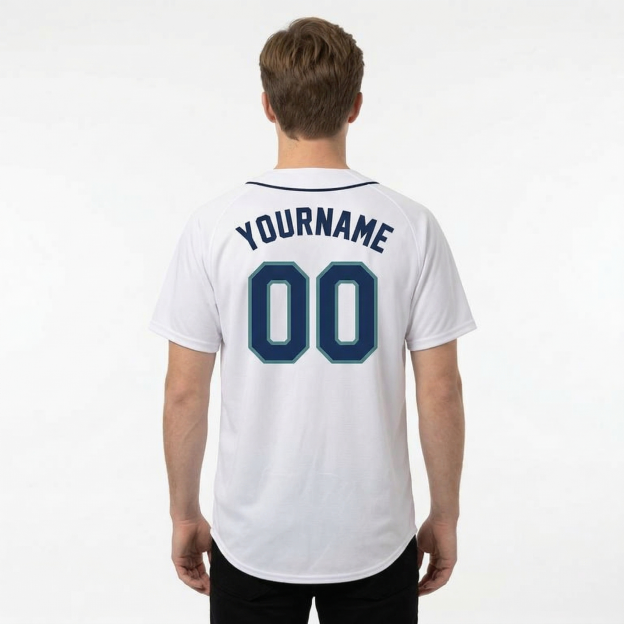 Custom White & Navy/Teal Classic Fashion Baseball Jersey
