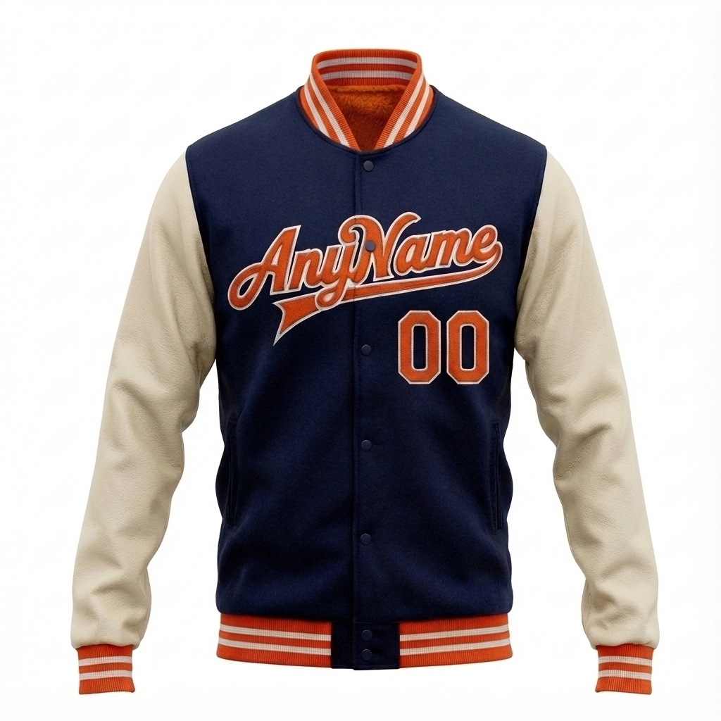 Custom Navy & White/Orange Full-Snap Raglan Sleeve Fleece Jacket