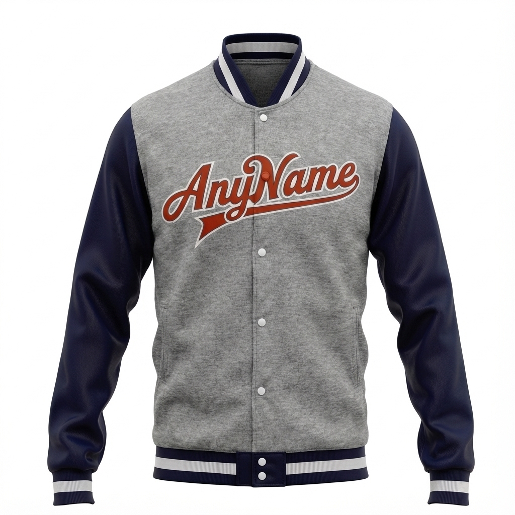 Custom Grey & Navy/Red Full-Snap Raglan Sleeve Fleece Jacket