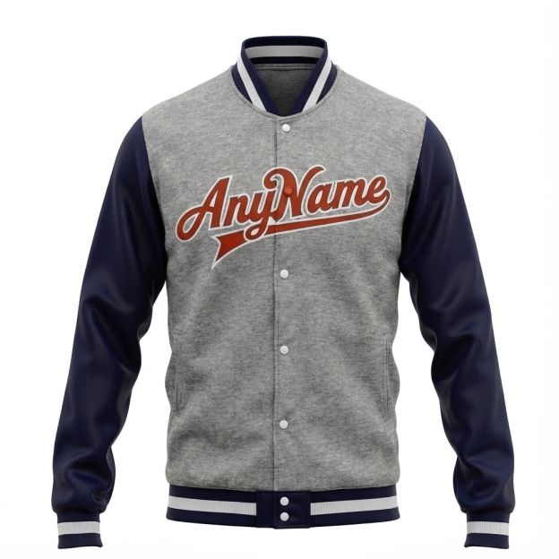 Custom Grey & Navy/Red Full-Snap Raglan Sleeve Fleece Jacket