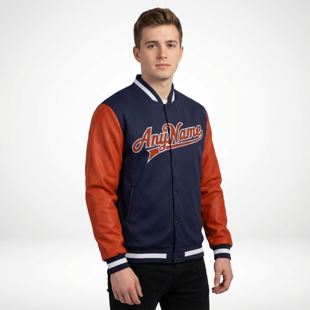 Custom Navy & Orange/White Full-Snap Raglan Sleeves Fleece Jacket