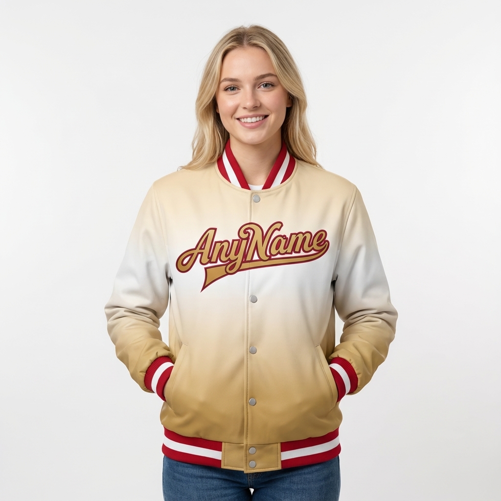 Custom Khaki & White/Red Full-Snap Gradient Fleece Jacket