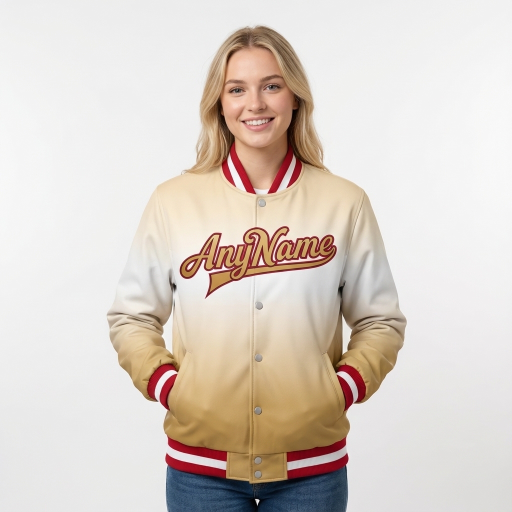 Custom Khaki & White/Red Full-Snap Gradient Fleece Jacket