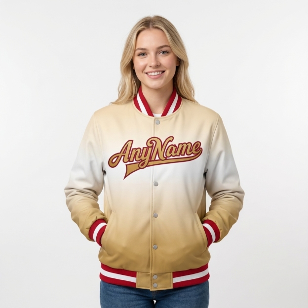 Custom Khaki & White/Red Full-Snap Gradient Fleece Jacket