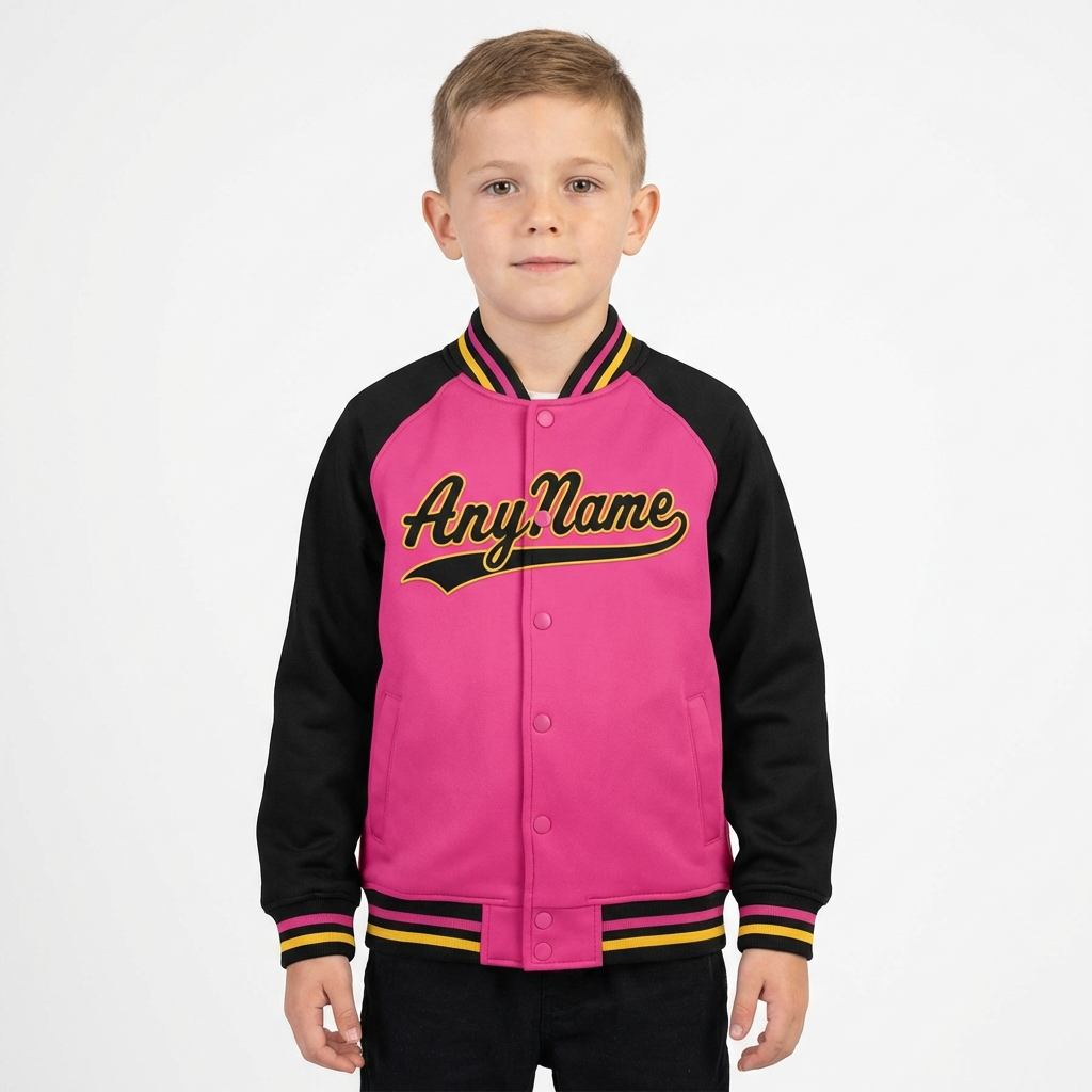 Custom Pink & Yellow/Black Raglan Sleeves Full-Snap Fleece Jacket