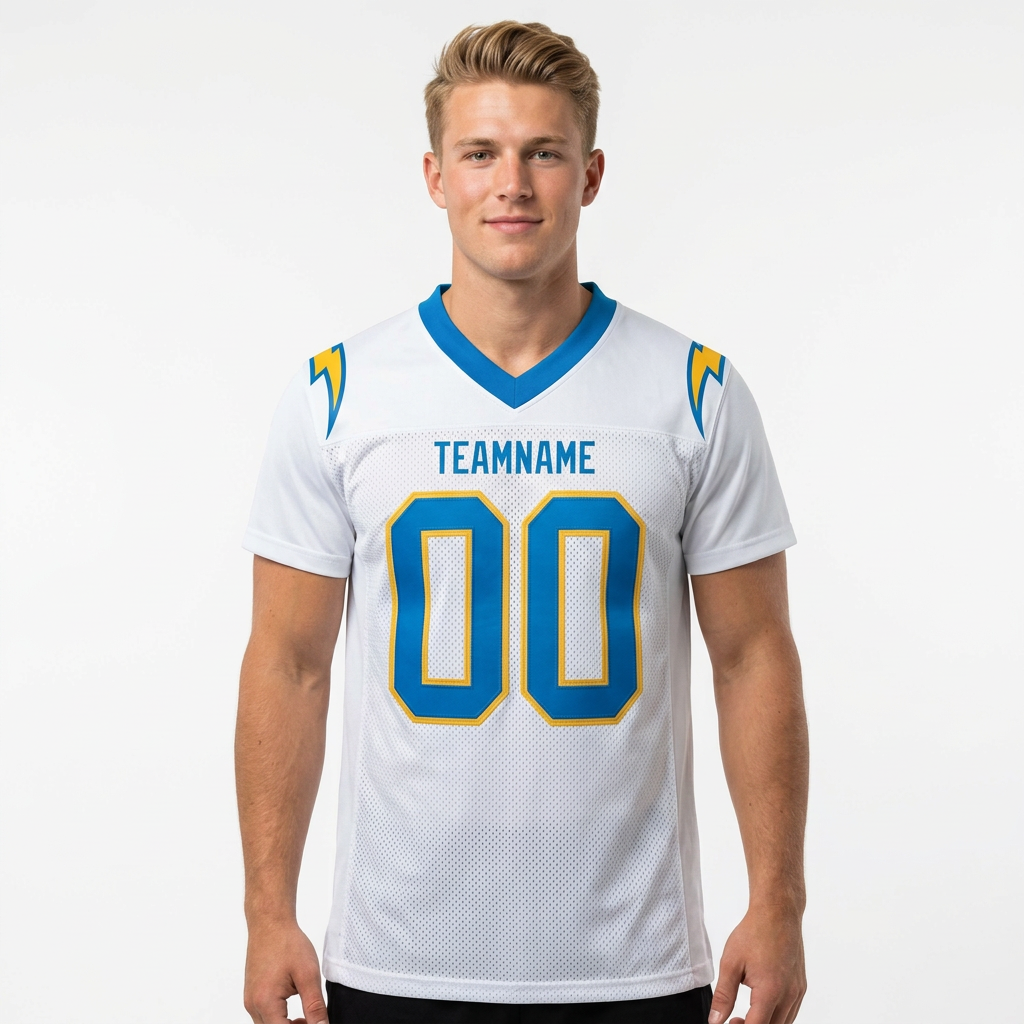 Custom White & Powder Blue/Gold Football Jersey