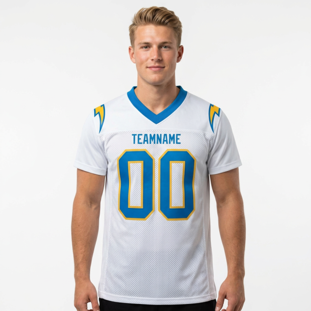 Custom White & Powder Blue/Gold Football Jersey
