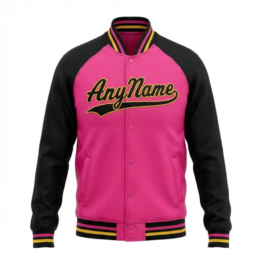 Custom Pink & Yellow/Black Raglan Sleeves Full-Snap Fleece Jacket