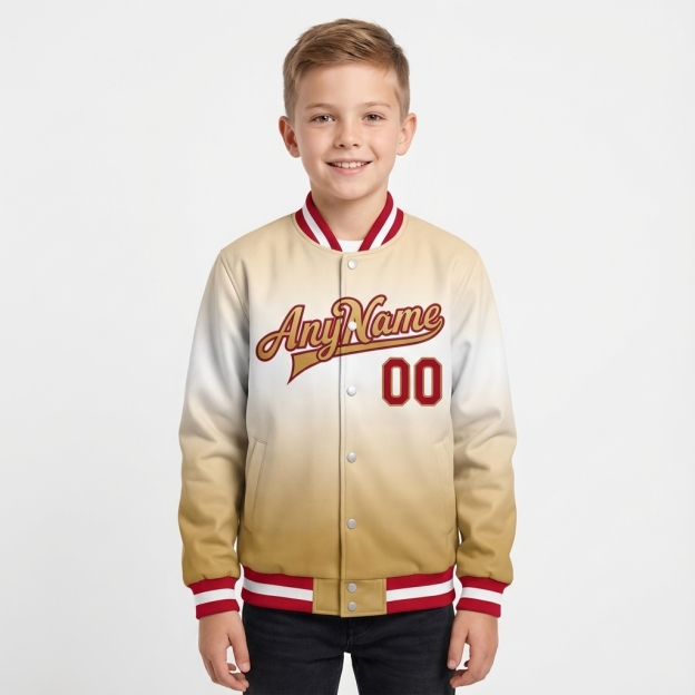 Custom Khaki & White/Red Full-Snap Gradient Fleece Jacket