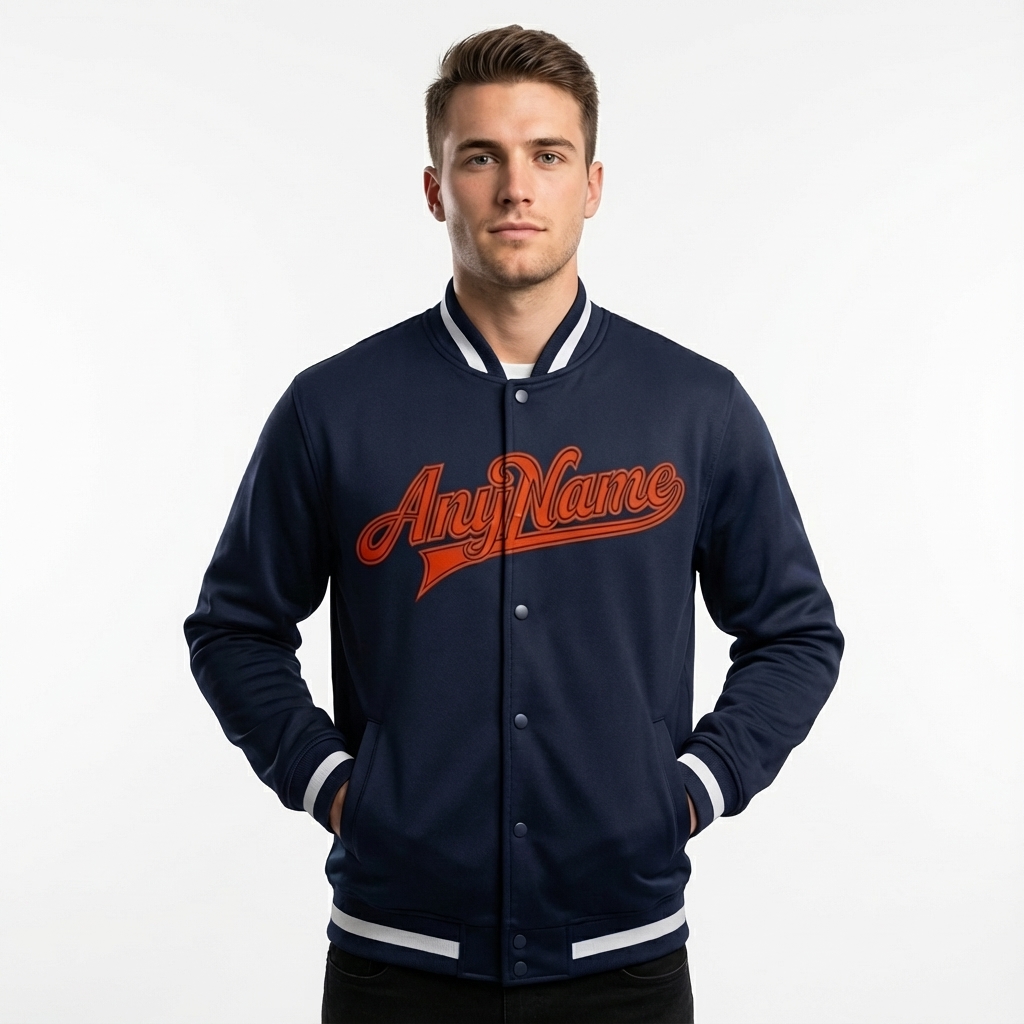 Custom Navy & Orange/White Full-Snap Fleece Jacket