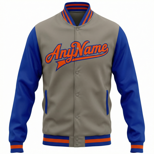 Custom Grey & Orang/Royal Raglan Sleeves Full-Snap Fleece Jacket