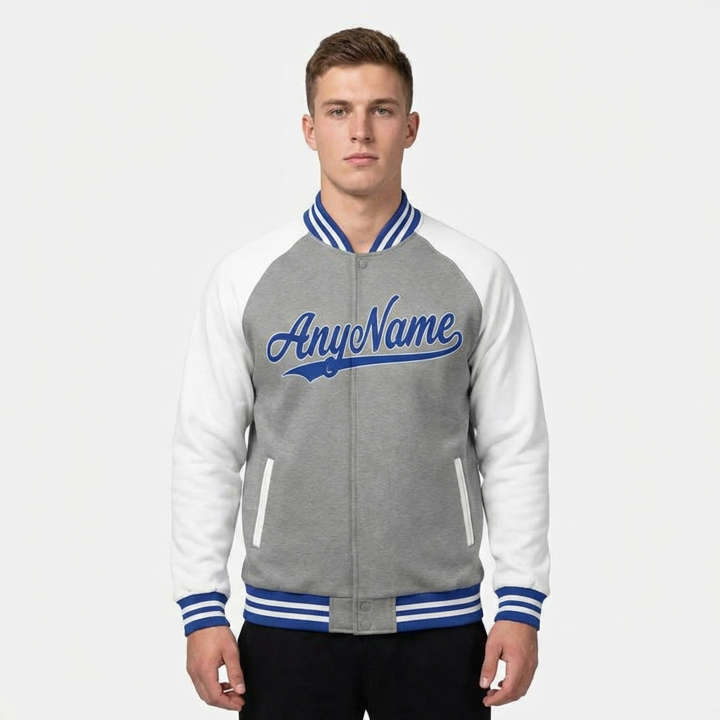 Custom Grey & Royal/White Raglan Sleeves Full-Snap Fleece Jacket