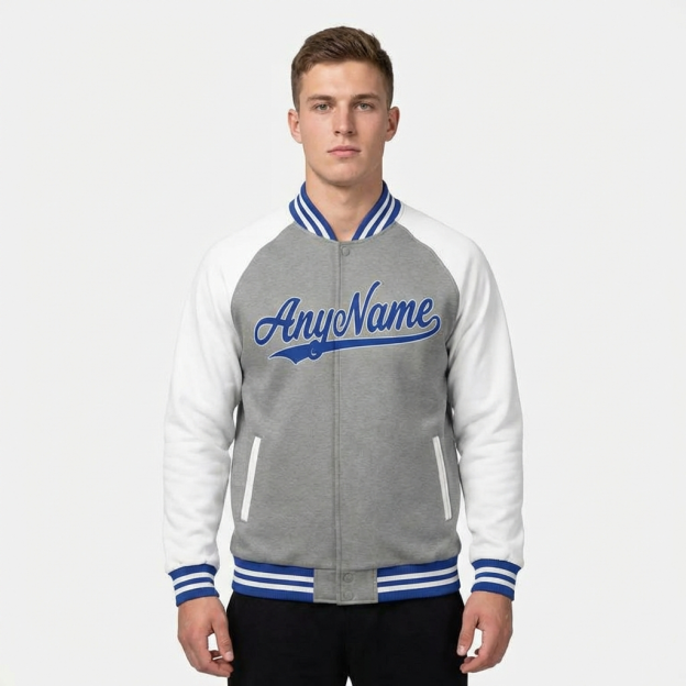 Custom Grey & Royal/White Raglan Sleeves Full-Snap Fleece Jacket