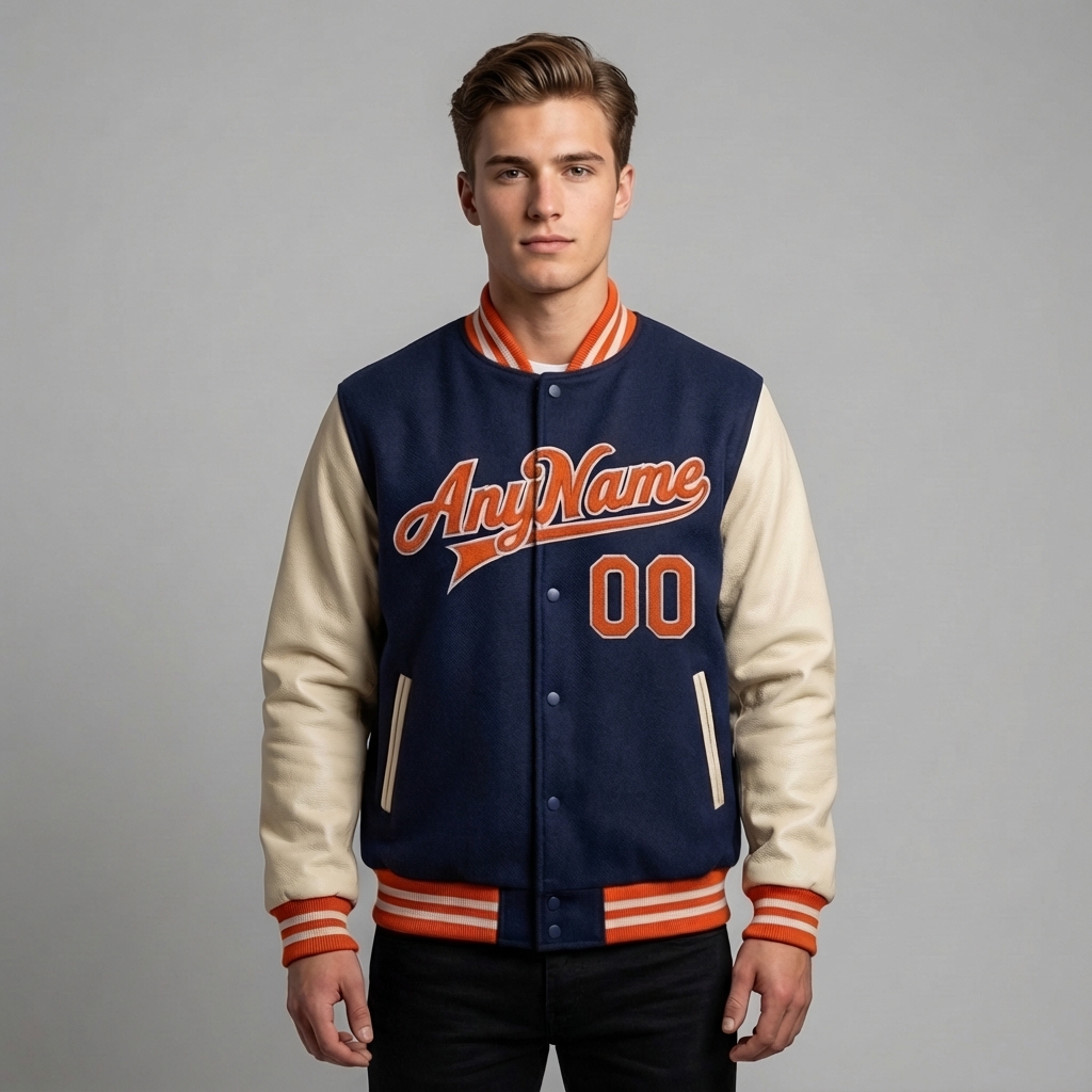 Custom Navy & White/Orange Full-Snap Raglan Sleeve Fleece Jacket