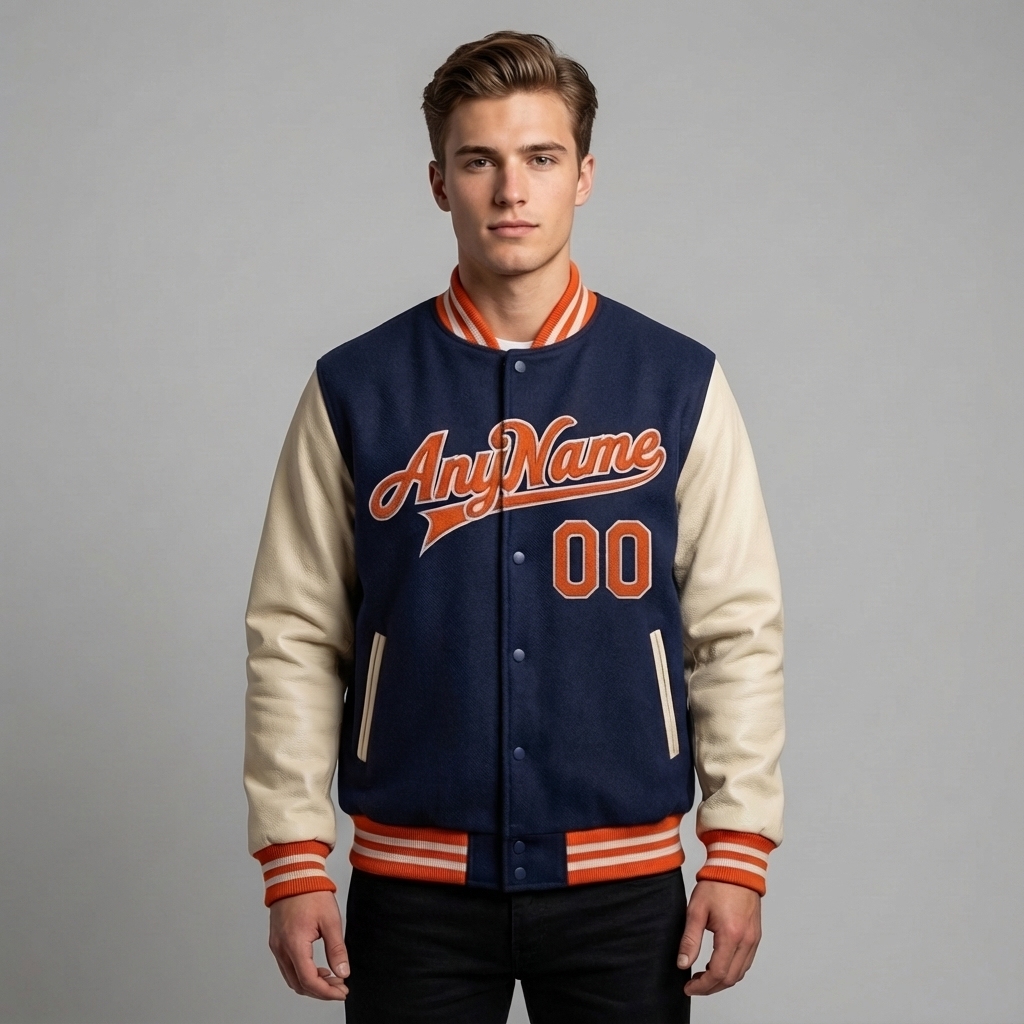 Custom Navy & White/Orange Full-Snap Raglan Sleeve Fleece Jacket