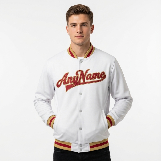 Custom White& Red/Khaki Full-Snap Fleece Jacket