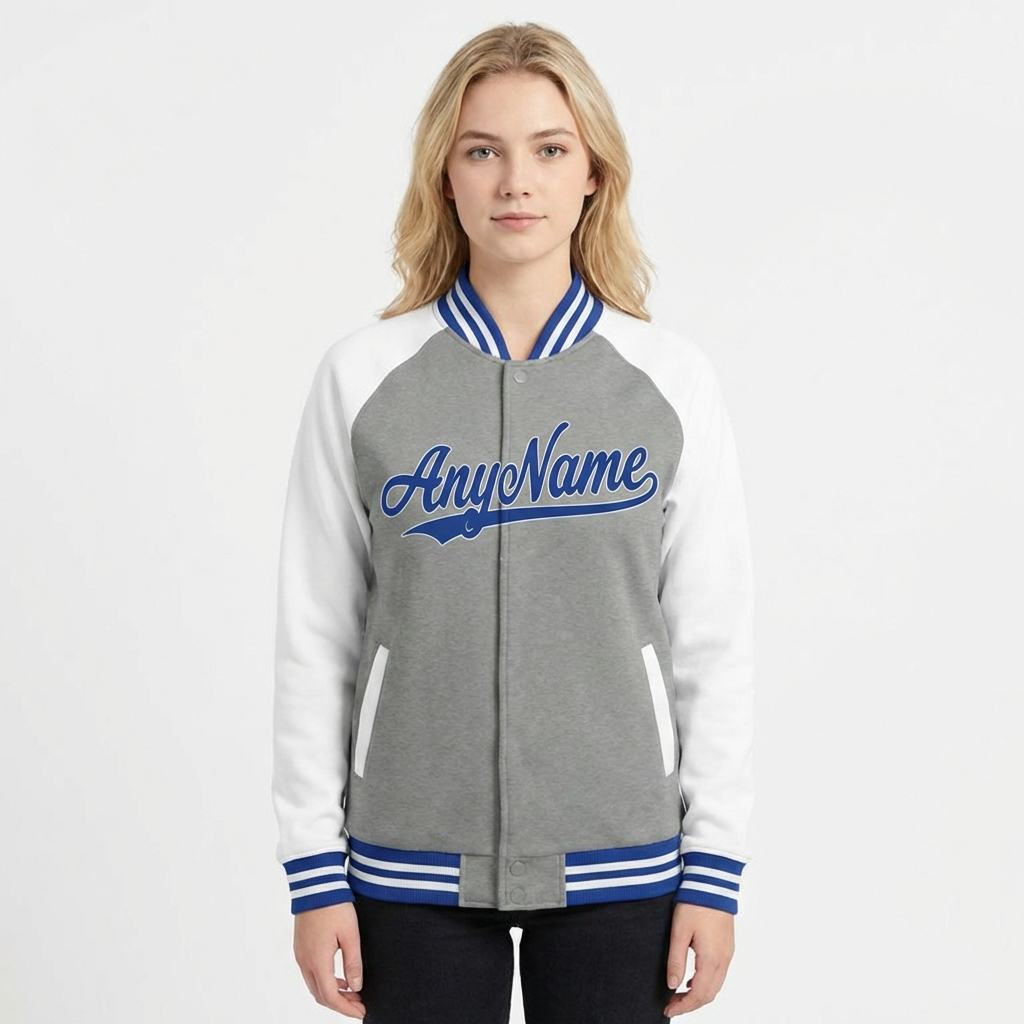 Custom Grey & Royal/White Raglan Sleeves Full-Snap Fleece Jacket
