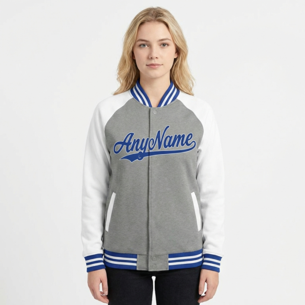 Custom Grey & Royal/White Raglan Sleeves Full-Snap Fleece Jacket