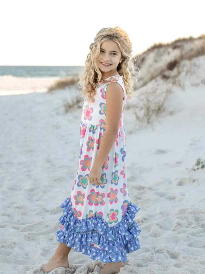 Girls 3 Tiered Periwinkle Flower Spring Summer Ruffles Dress