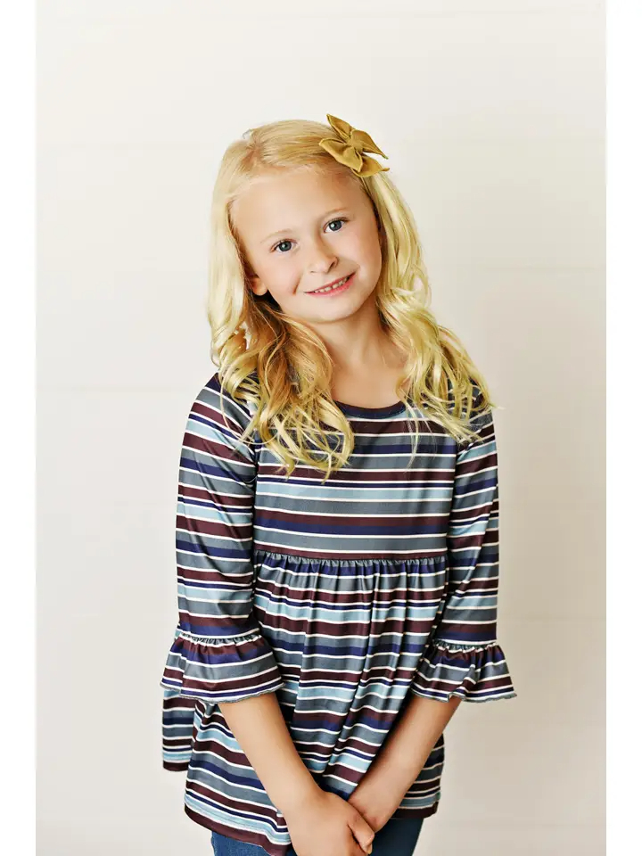 Kids Fall Winter Navy Blue Stripe Ruffle Shirt Top Blouse