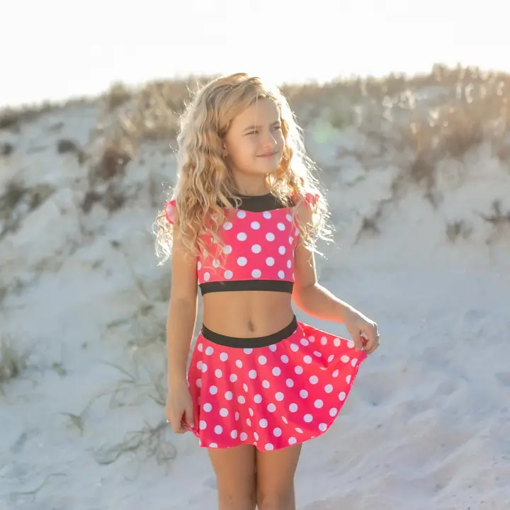 Girls Pink & Black Mini Dot Ruffle Skirted 2 Piece Swimsuit