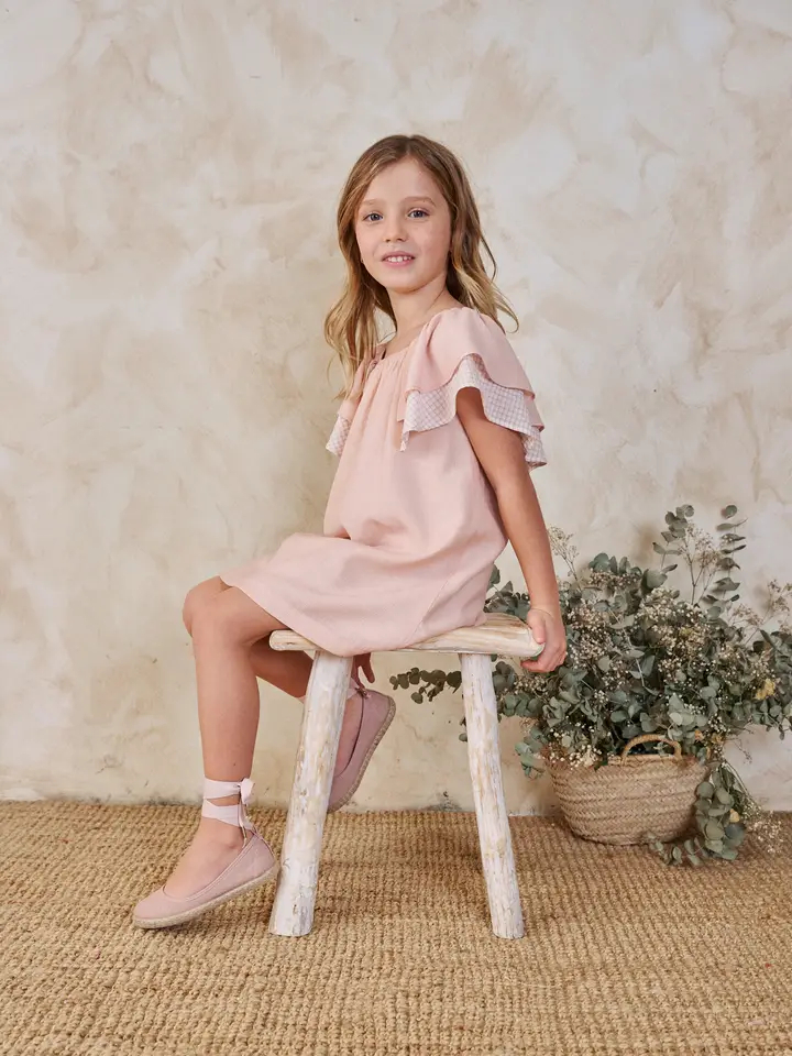 Pink Girl's Dress with Double Ruffle Sleeves