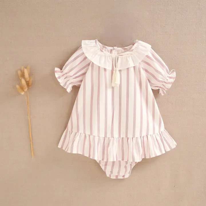 Baby Girl's Dress with Panties in White with Red Stripes