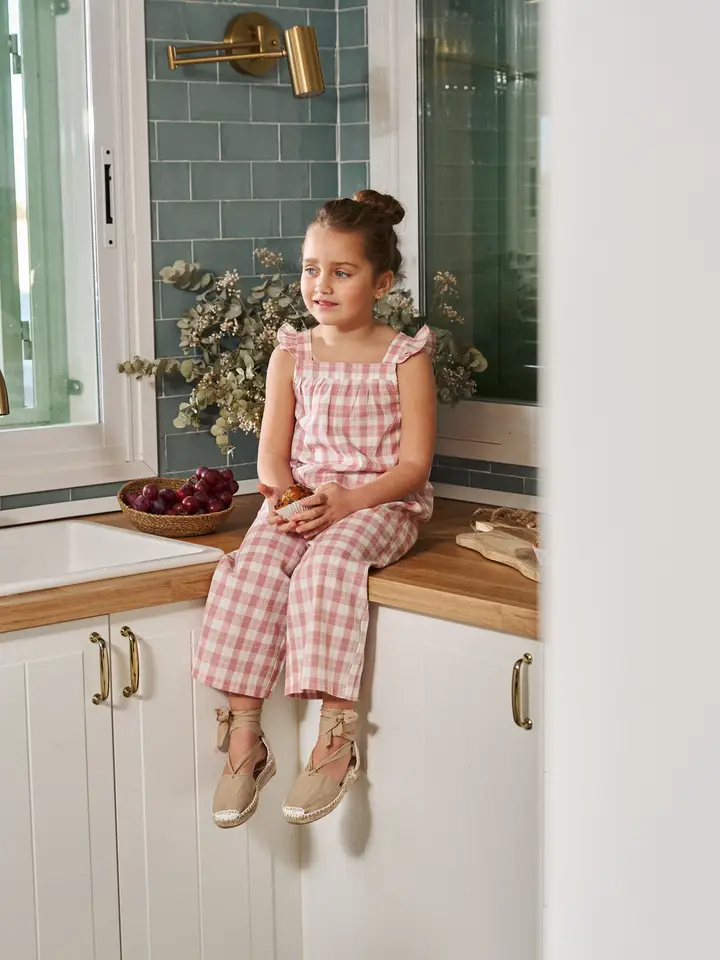Girl's Long Pink Gingham Jumpsuit with Pockets