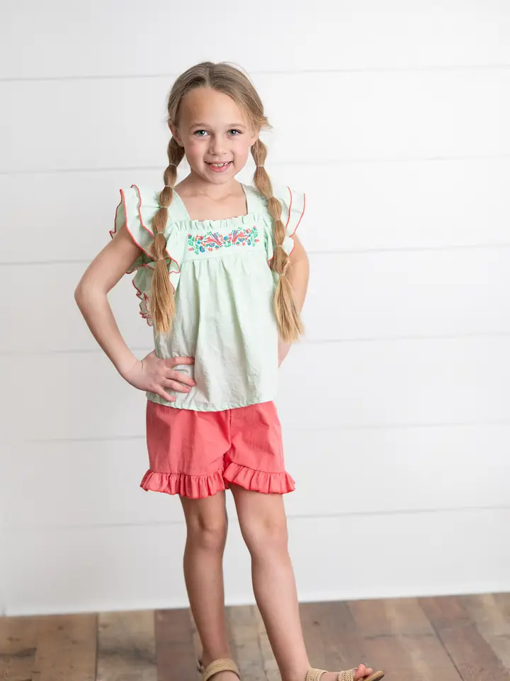 Girls Embroidered Mint Ruffle Top & Pink Short Easter Set