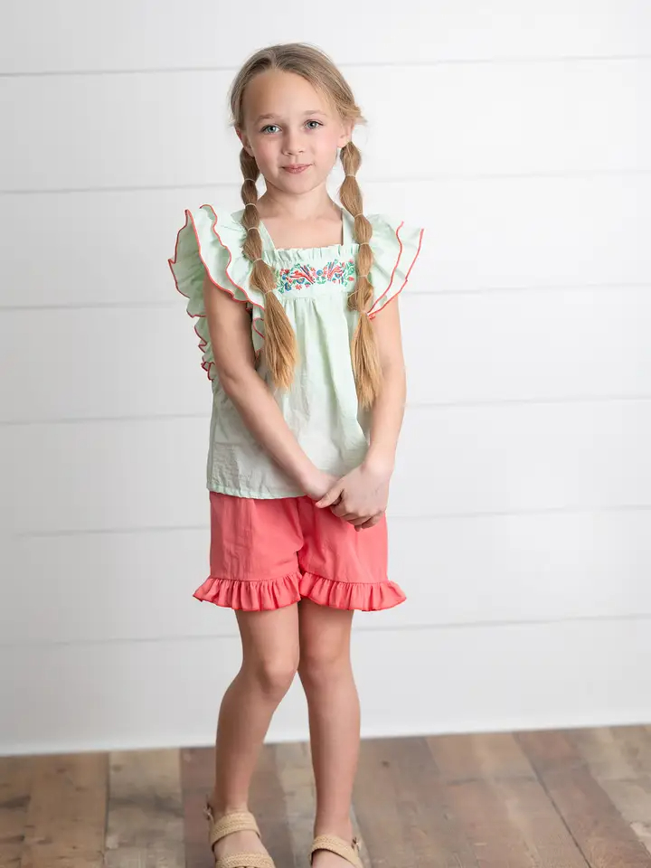 Girls Embroidered Mint Ruffle Top & Pink Short Easter Set
