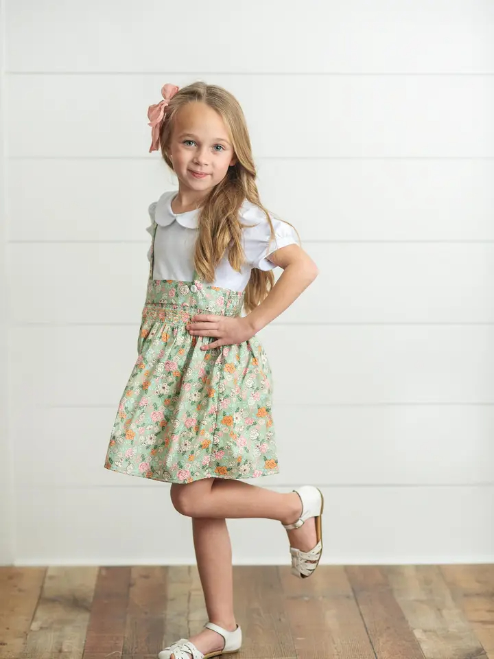 Kids Sage & White Floral Jumper Skirt Back To School Set