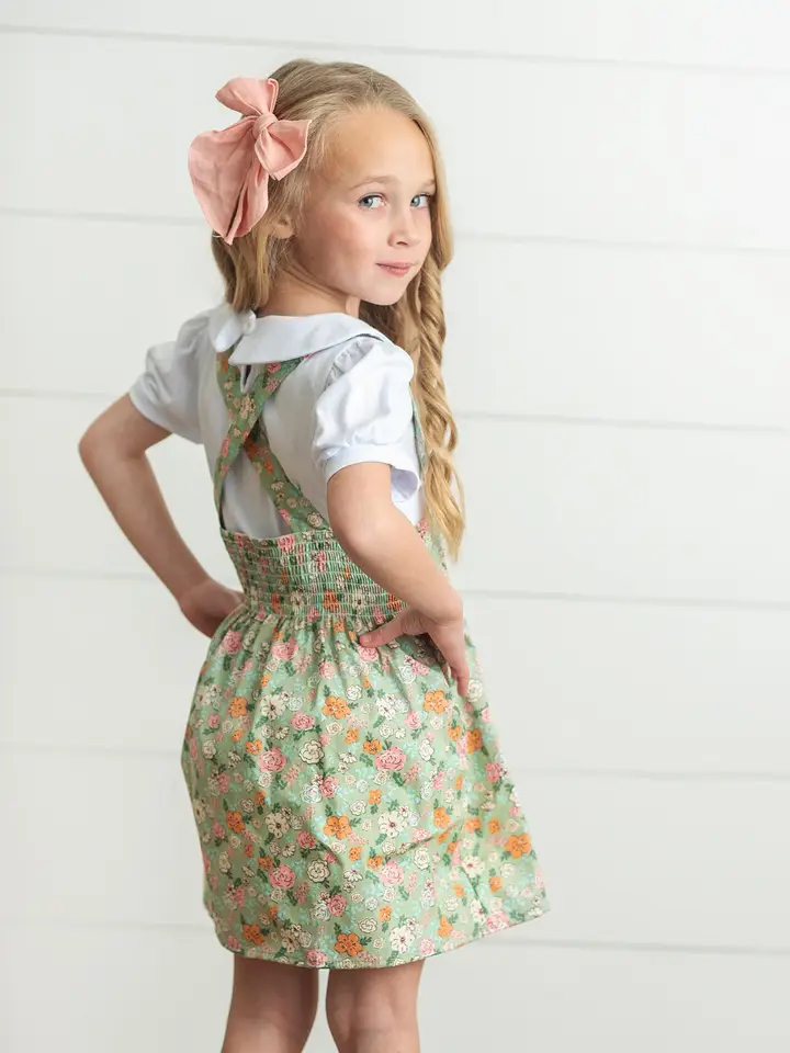 Kids Sage & White Floral Jumper Skirt Back To School Set