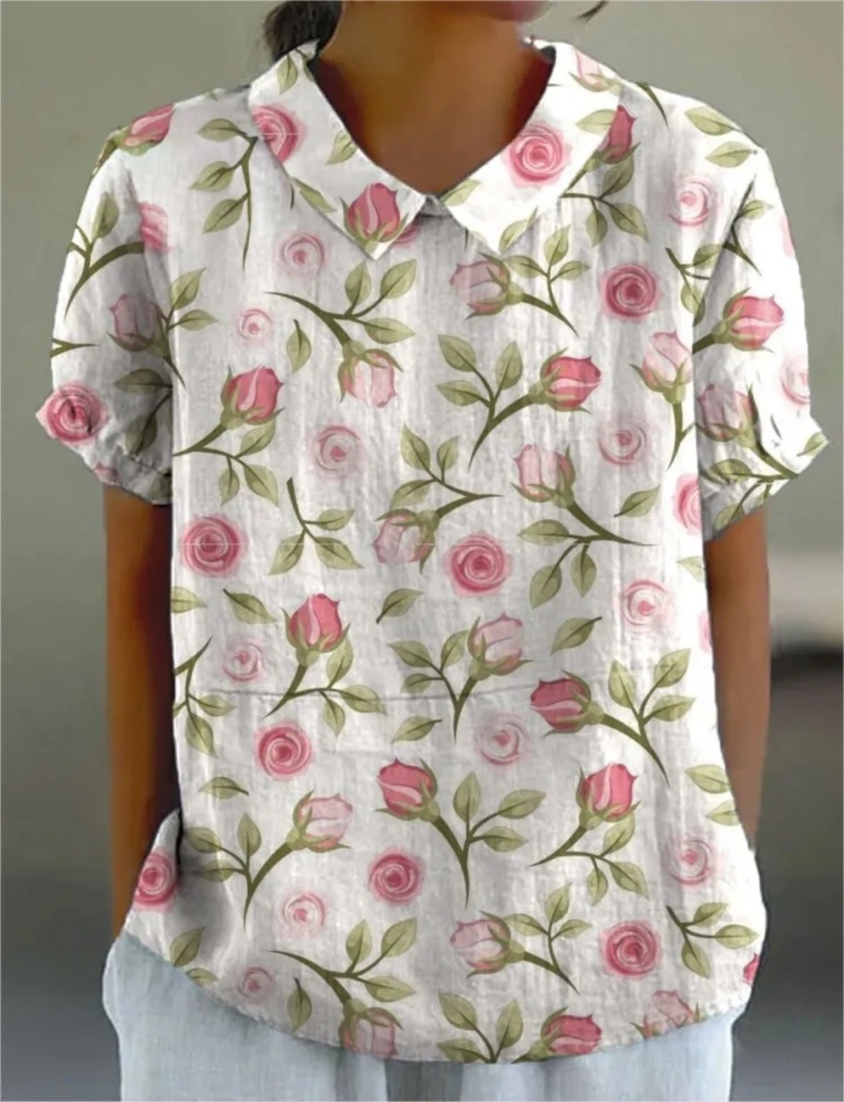 Women's Rose Flower Print Casual Cotton And Linen Shirt