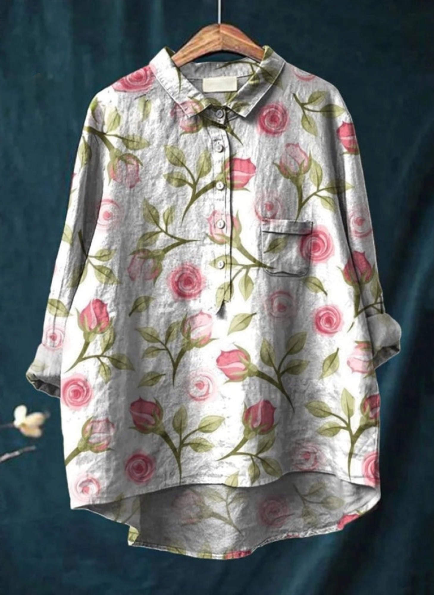 Women's Rose Flower Print Casual Cotton And Linen Shirt