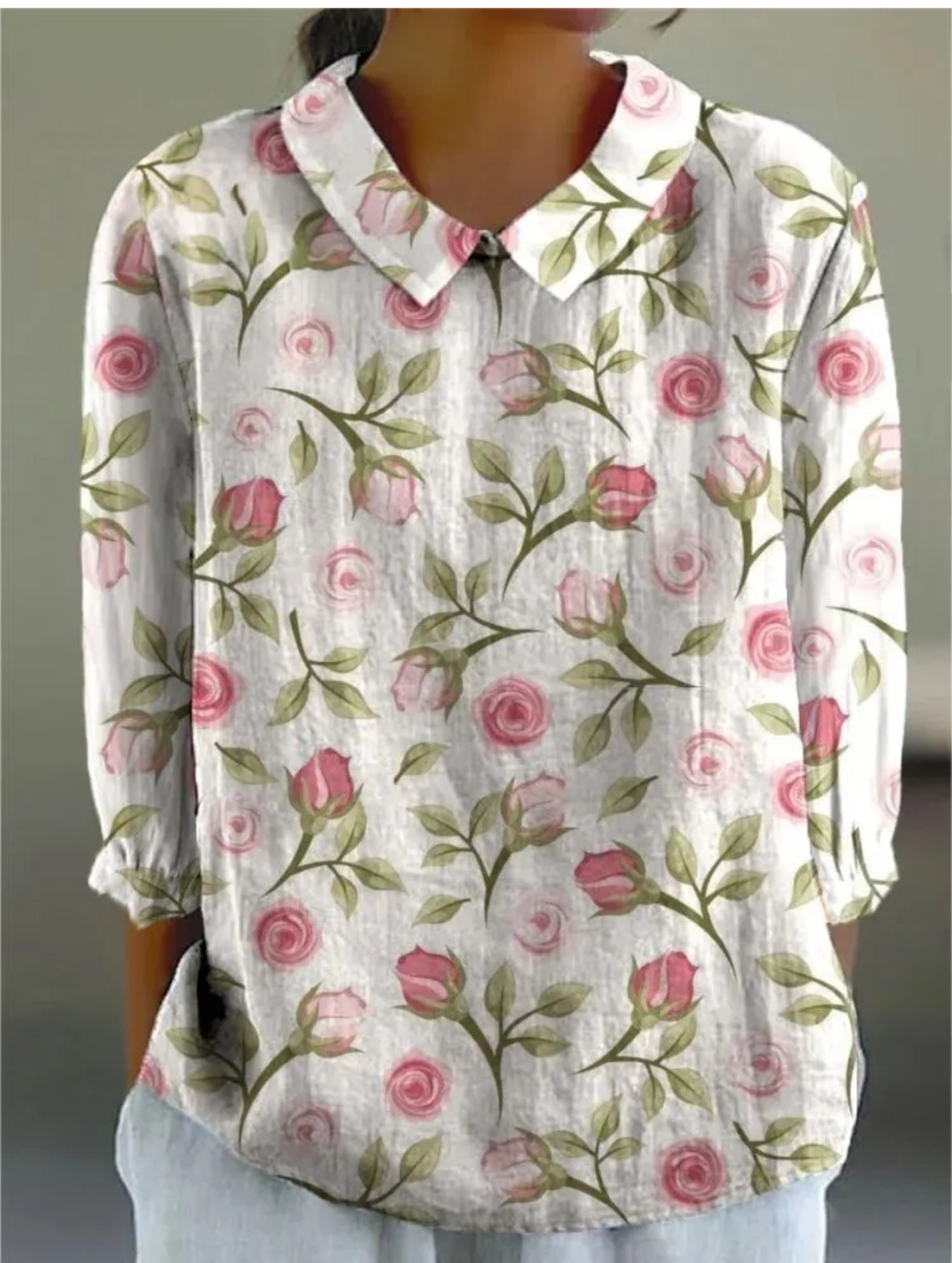 Women's Rose Flower Print Casual Cotton And Linen Shirt