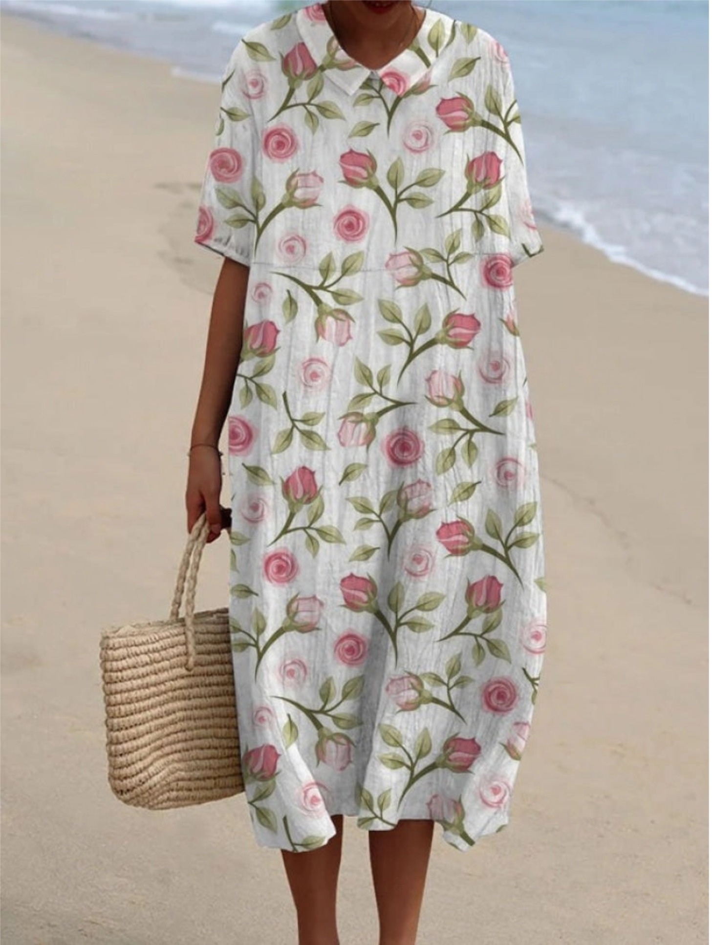 Women's Rose Flower Print Casual Cotton And Linen Shirt