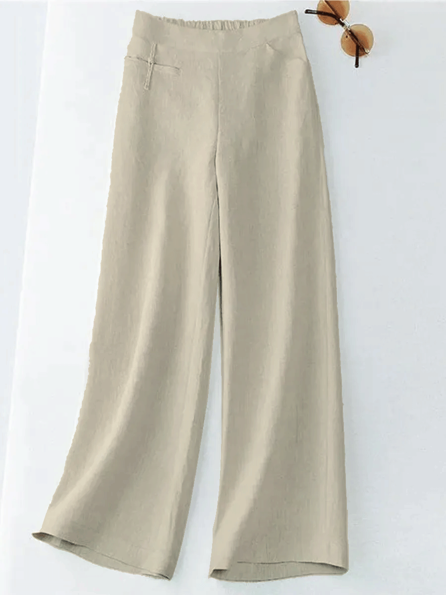 Women's Solid Color Button Half Elastic High Waist Casual Cotton and Linen Wide Leg Pants