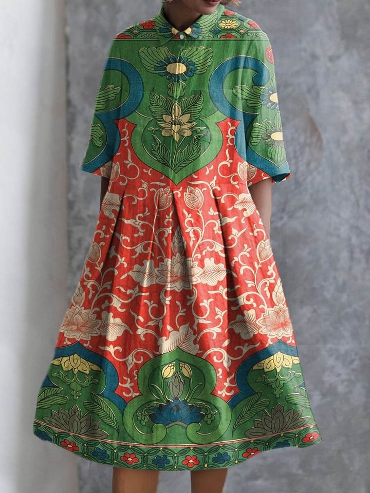 Women's Vintage Lovely Floral Art Print Cotton Dress