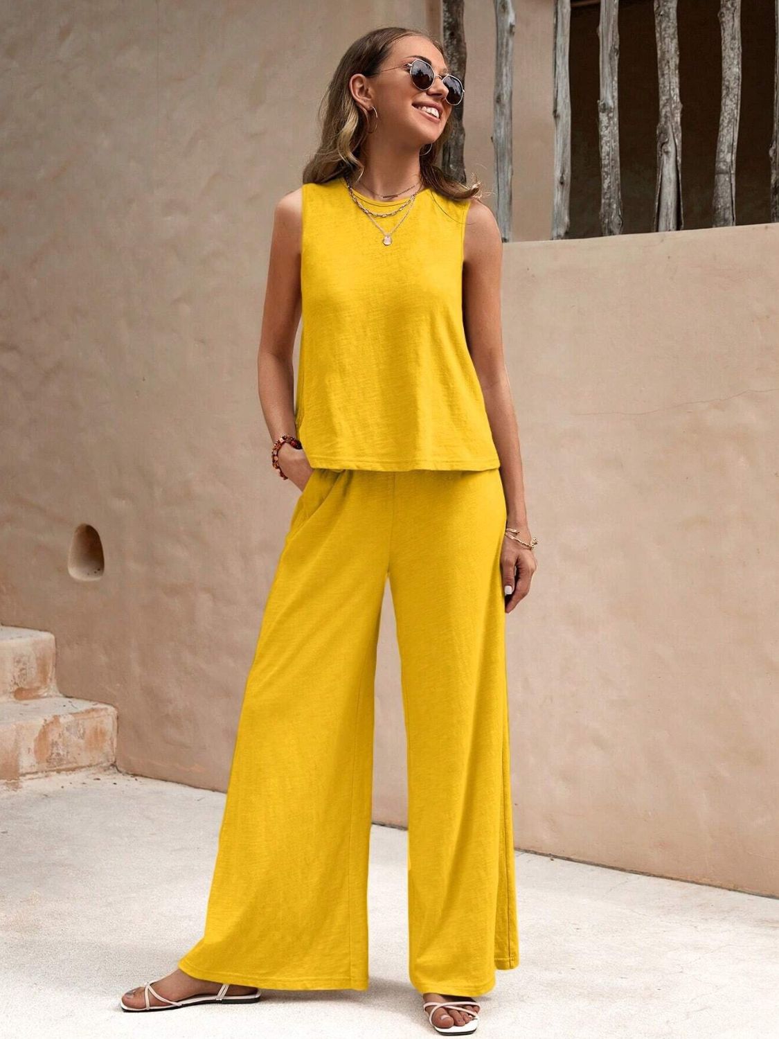 2 Sets-Cotton and linen-Round Neck Sleeveless Top and Wide Leg Pants Set
