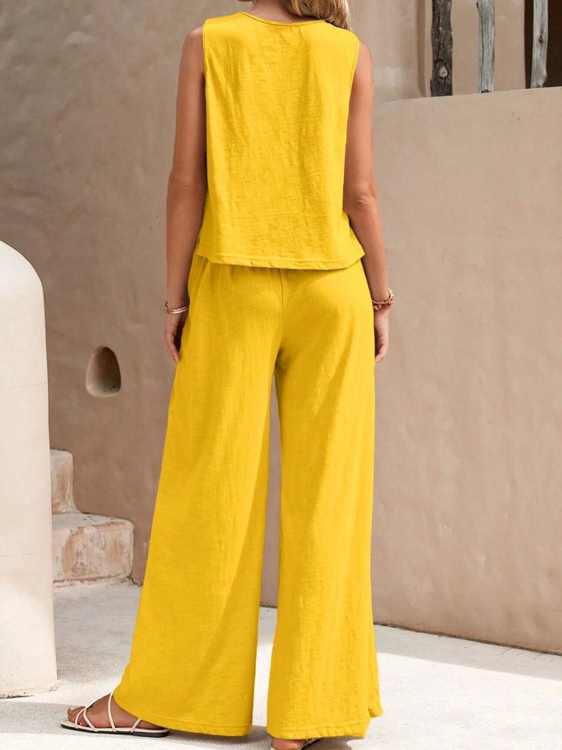 2 Sets-Cotton and linen-Round Neck Sleeveless Top and Wide Leg Pants Set