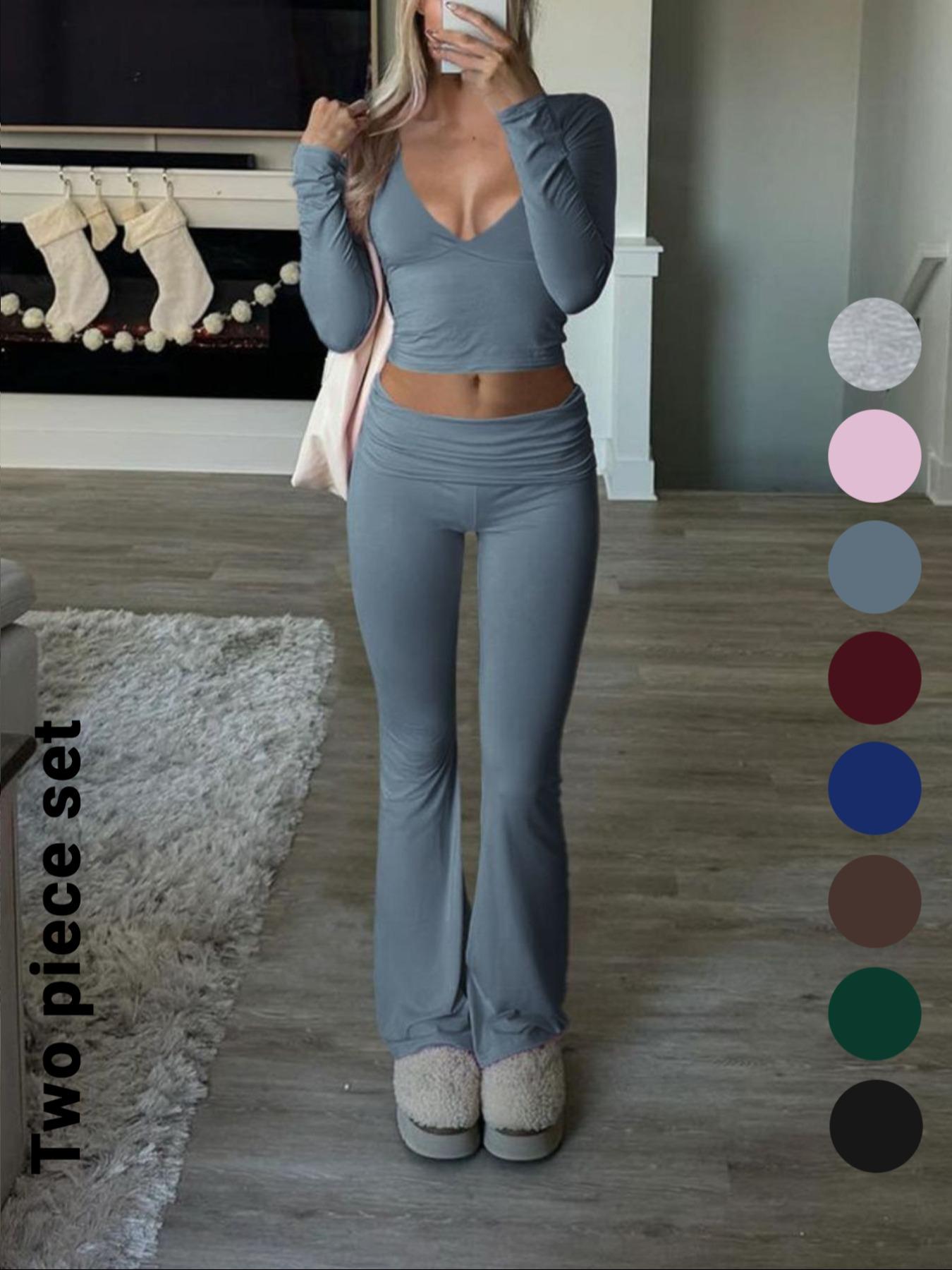 Slim-Fit Crop Top & Pants Two-Piece Set, Solid Color V-Neck Long Sleeve for Fall and Winter, Airport Outfit