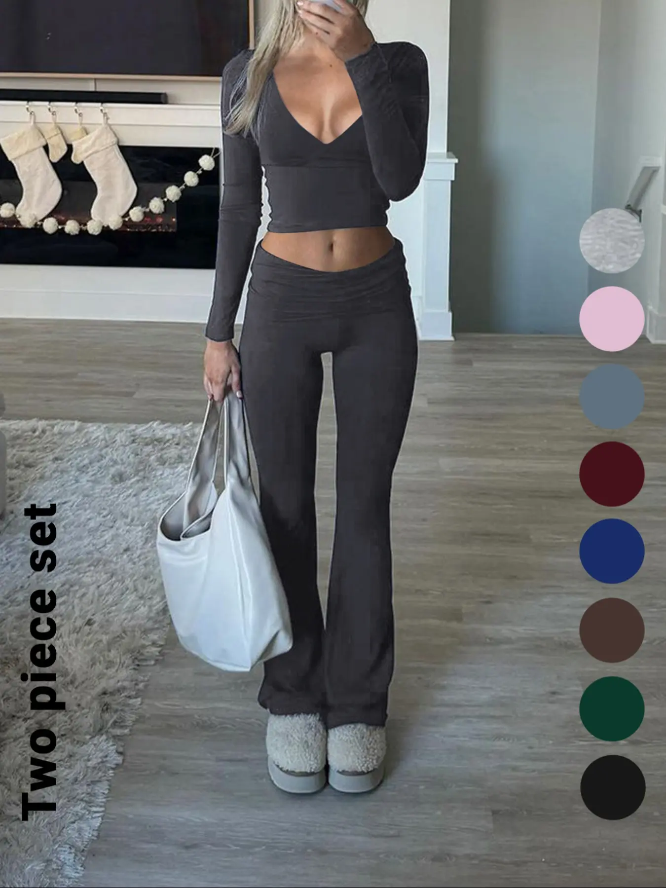 Slim-Fit Crop Top & Pants Two-Piece Set, Solid Color V-Neck Long Sleeve for Fall and Winter, Airport Outfit